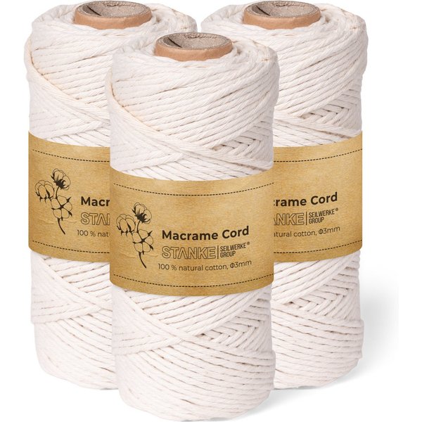 STANKE Makramee Garn 3mm Set 3x100 m - Farbe: Natur Bastelgarn, 300 m (3x100m Rolle, 3-St., 3x100m Rolle), Baumwollgarn für Boho DIY, Körbchen, Traumfänger 100%