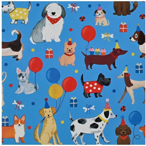 Star Geschenkpapier, Geschenkpapier Hunde 70cm x 2m Rolle mit Luftballons & Partyhüten Bunt