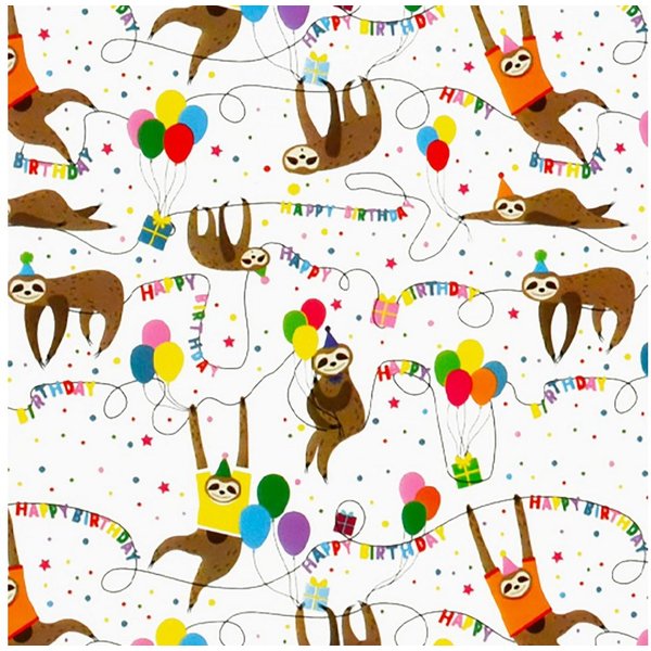 Star Geschenkpapier, Geschenkpapier Happy Birthday mit Faultier Motiv 70cm x 2m Rolle Bunt