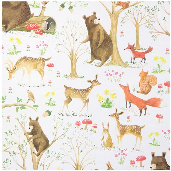 Star Geschenkpapier, Geschenkpapier mit Waldtiere Motiv 70cm x 2m Rolle Weiß / Bunt