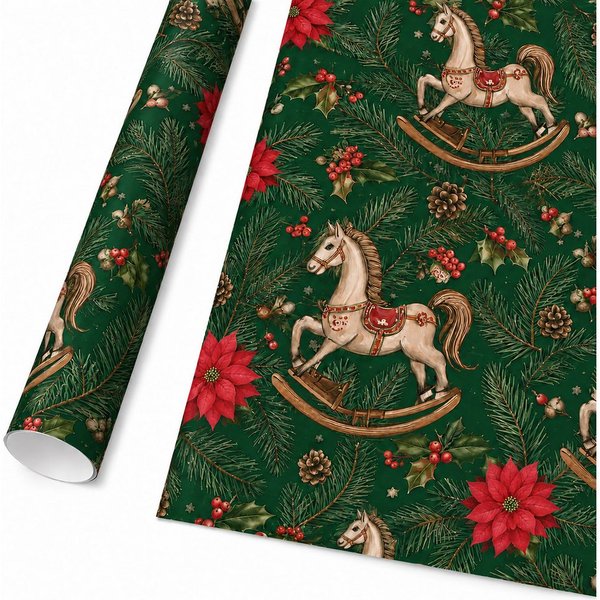 Star Geschenkpapier, Geschenkpapier Schaukelpferd 70cm x 2m Rolle Grün Rot Beige