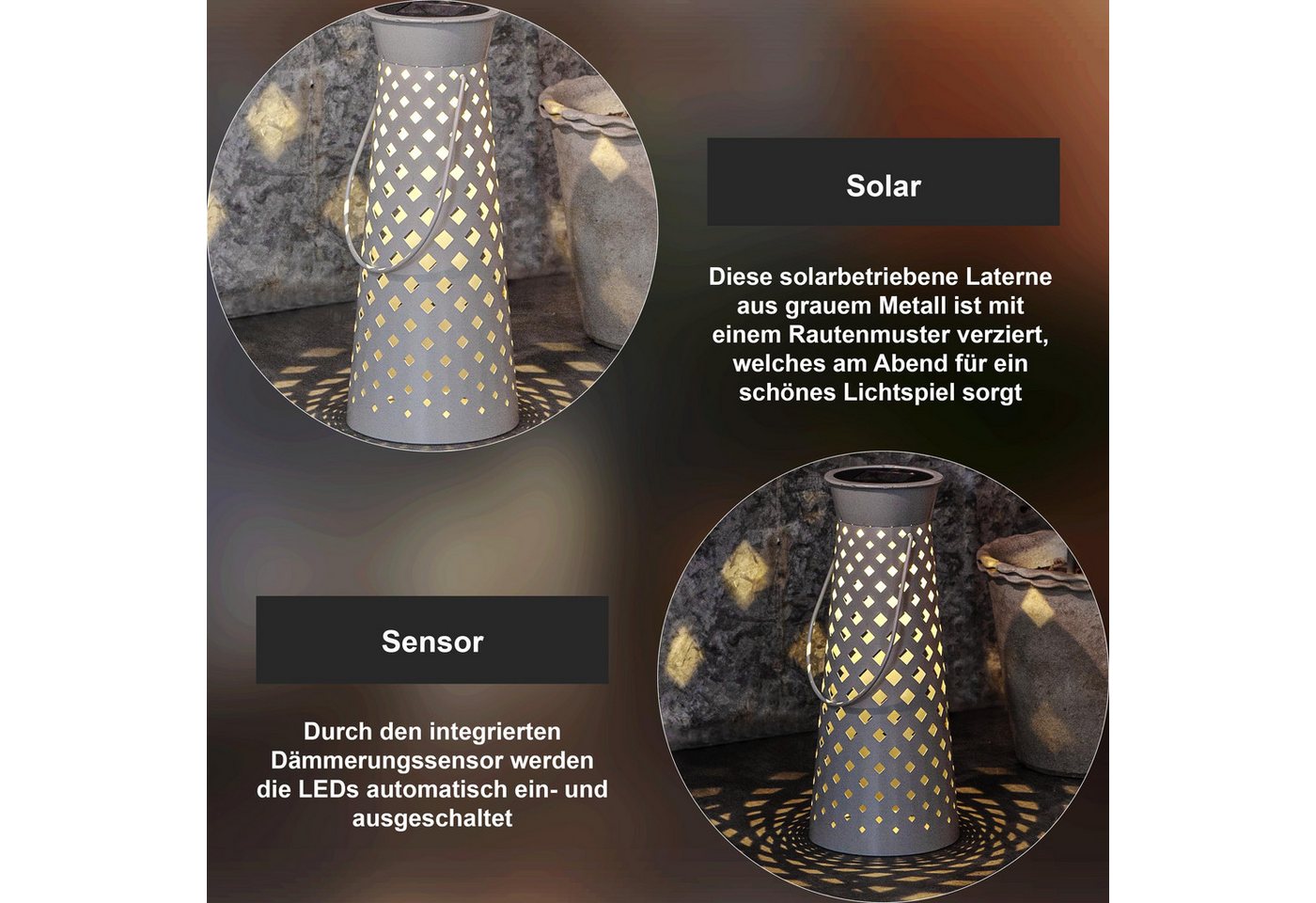 STAR TRADING LED Solarleuchte Romby, LED Solar-Laterne,Romby , Metall, Dämmerungssensor, grau, 32cm – Bild 4 von 5