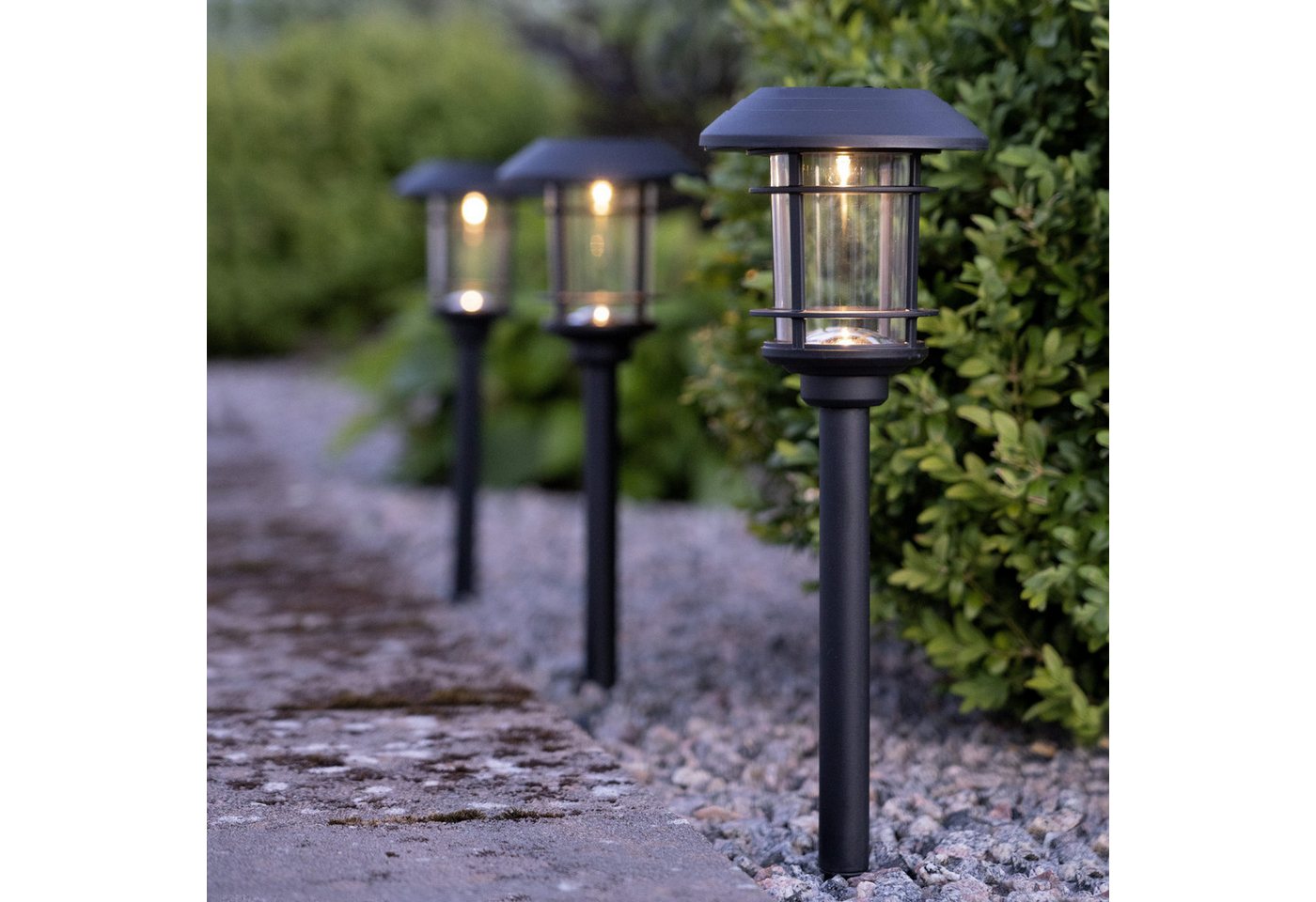 STAR TRADING LED Solarleuchte Solar-Wegleuchte Fride, Tageslichtsensor, LED fest integriert, Warmweiß, 3er-Set, Dämmerungssensor, Bollard-Optik – Bild 2 von 5
