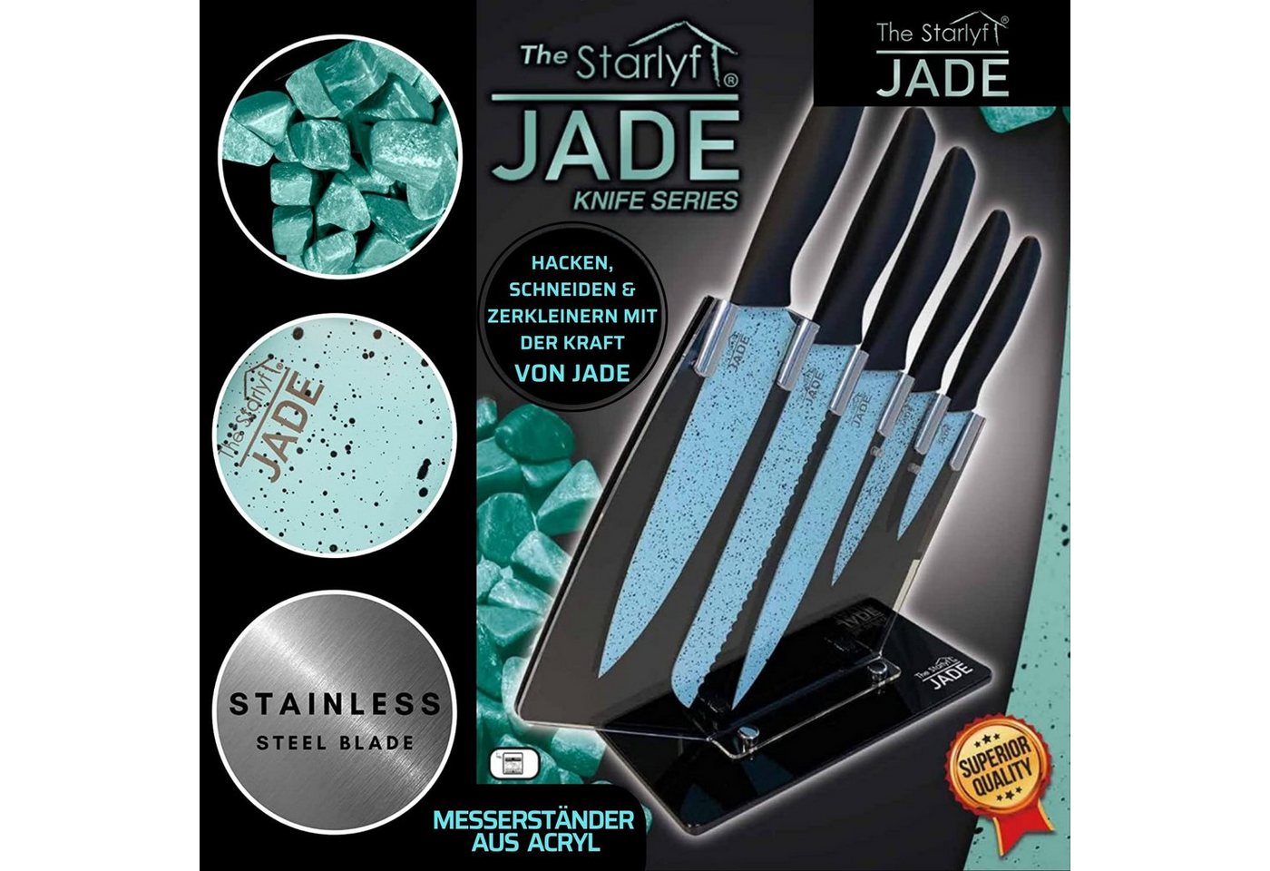 Starlyf Messer-Set Jade Knife Series + Stand (Set, 6-tlg., Einzeln oder mit Messerschärfer), Set aus 5 Messern mit Jadepulverbeschichtung und Messerständer – Bild 4 von 5