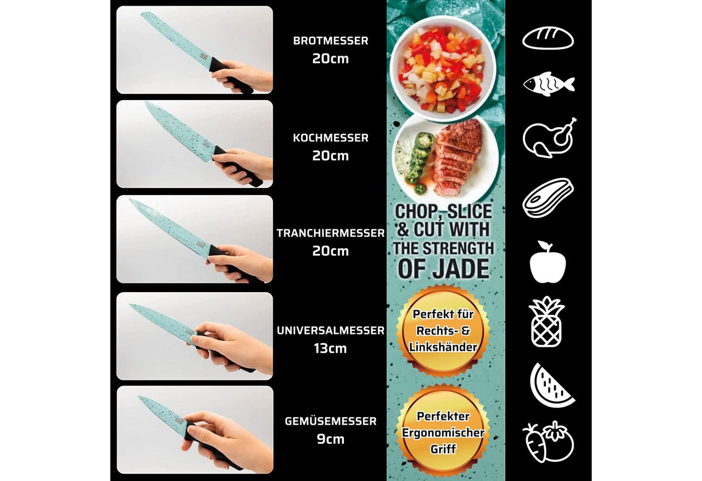 Starlyf Messer-Set Jade Knife Series + Stand (Set, 6-tlg., Einzeln oder mit Messerschärfer), Set aus 5 Messern mit Jadepulverbeschichtung und Messerständer – Bild 5 von 5