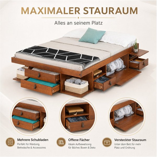 Memomad Stauraumbett MEMOMAD Stauraumbett mit Schubladen, Regalen & Lattenrost (Mehr Ordnung im Schlafzimmer, ohne zusätzliche Möbel), Bali Stauraumbett mit Sch