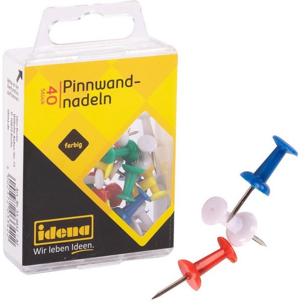 Idena Stecknadeln Idena 334032 - Pinnwandnadeln, 40 Stück, farbig sortiert, für Pinnwänd