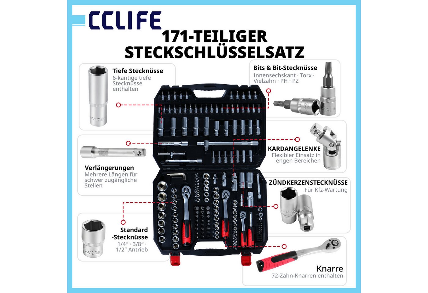 CCLIFE Steckschlüssel CCLIFE Steckschlüsselsatz, Ratschenkasten im Werkzeugkoffer (171 St) – Bild 2 von 5