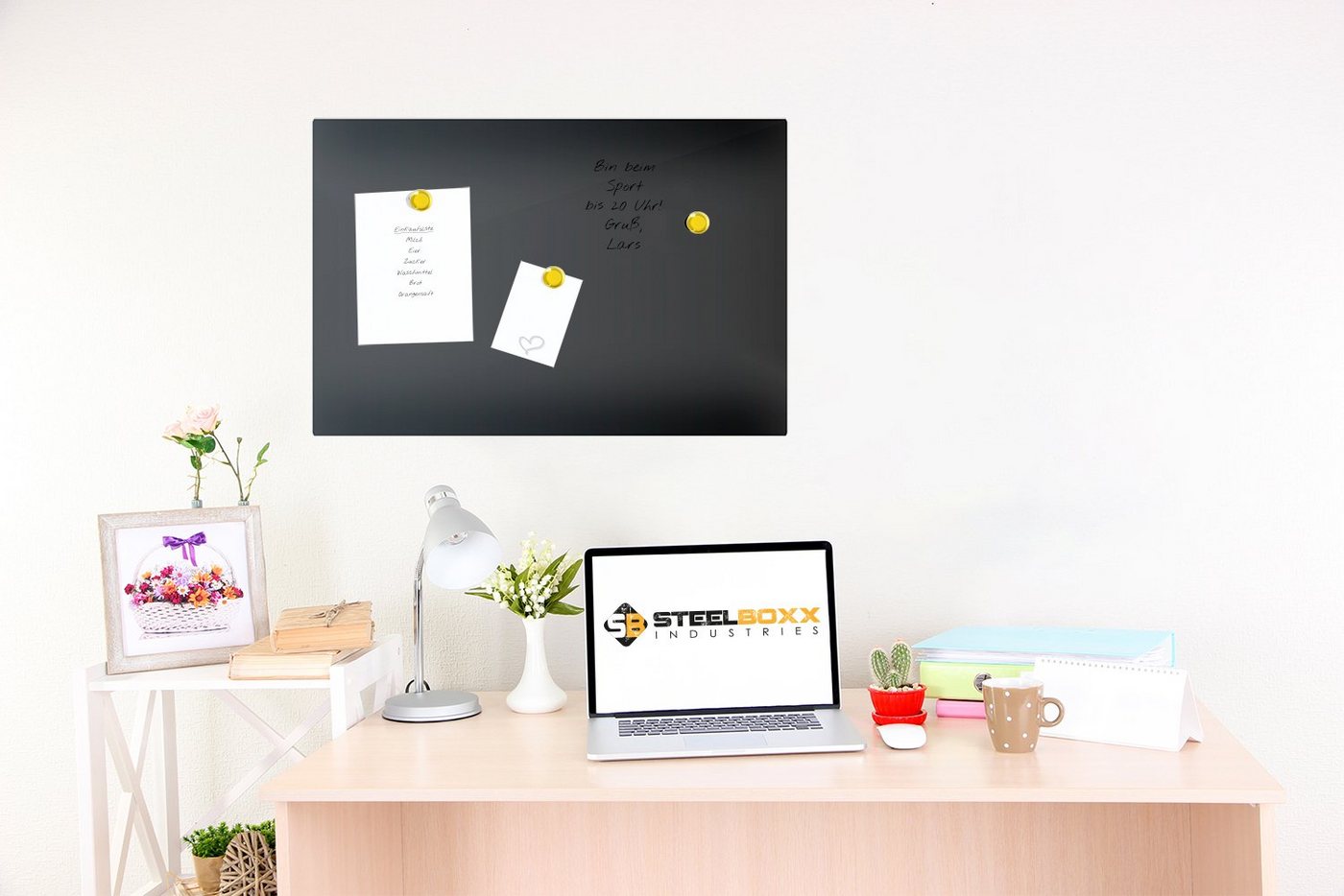 Steelboxx Memoboard Glas Memoboard, 200 x 600 x 40 mm, schwarz, (Spar Set, 1-tlg), zum Anheften von Notizzetteln (inkl. 3 Magnete) – Bild 2 von 4