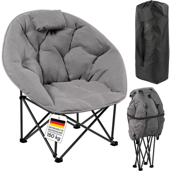 STEELSØN Campingstuhl Hoggar, Campingbank & Moonchair, Klappstuhl mit Seitentasche (grau, 55 cm breit), XXL Moonchair faltbar, Campingstuhl mit Kopfkissen, bis 