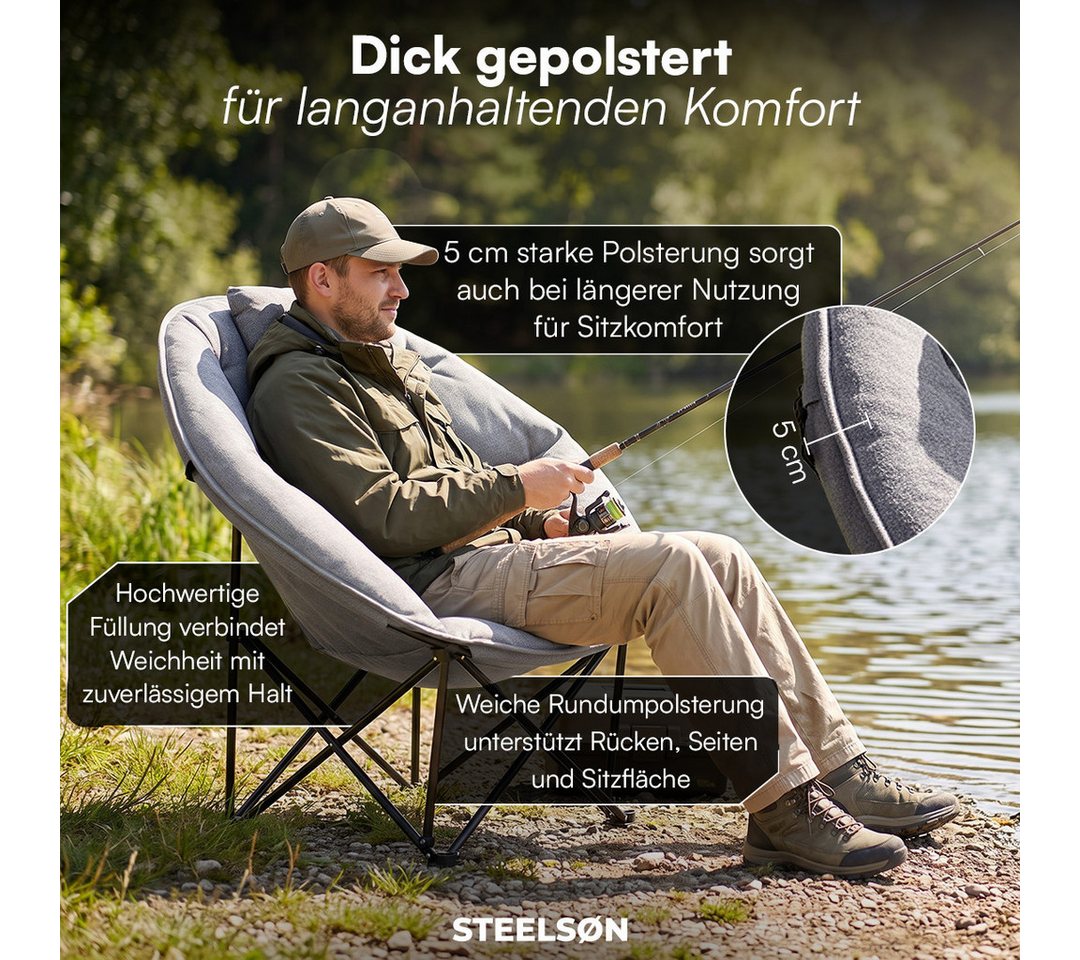 STEELSØN Campingstuhl Hoggar, Campingbank & Moonchair, Klappstuhl mit Seitentasche (grau, 55 cm breit), XXL Moonchair faltbar, Campingstuhl mit Kopfkissen, bis  – Bild 3 von 5