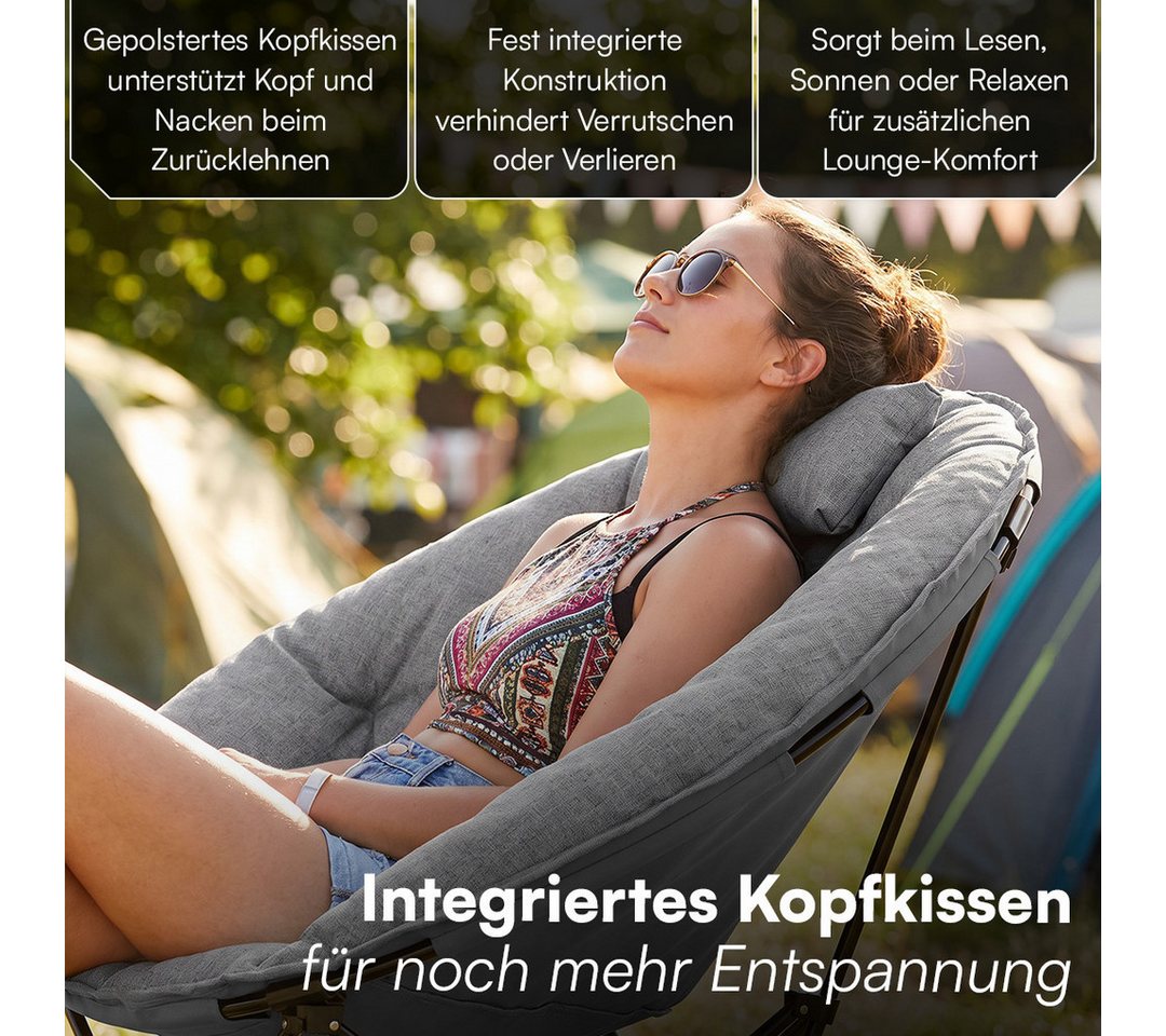 STEELSØN Campingstuhl Hoggar, Campingbank & Moonchair, Klappstuhl mit Seitentasche (grau, 55 cm breit), XXL Moonchair faltbar, Campingstuhl mit Kopfkissen, bis  – Bild 4 von 5