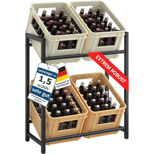 STEELSØN Flaschenregal Macondo aus Metall, Kistenregal für Getränke- & Obstkisten, Getränkekistenregal schwarz, für 4 Kisten, auch verfügbar für 6 Kisten & mit 