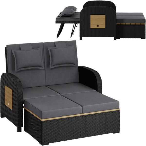 STEELSØN Gartenlounge-Set Caelum Gartensofa mit Liegefunktion, Rattan Sonnenliege, (schwarz/anthrazit, mit Kissen, wetterfest), herausziehbare Bank, ausklappbar