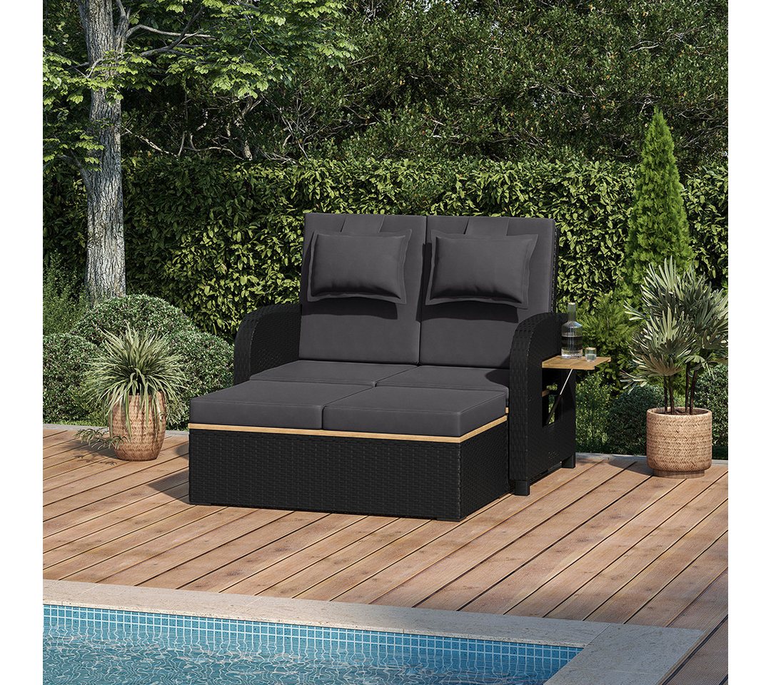 STEELSØN Gartenlounge-Set Caelum Gartensofa mit Liegefunktion, Rattan Sonnenliege, (schwarz/anthrazit, mit Kissen, wetterfest), herausziehbare Bank, ausklappbar – Bild 2 von 5