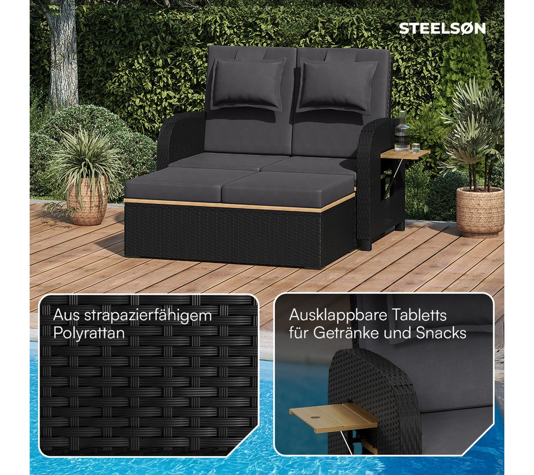 STEELSØN Gartenlounge-Set Caelum Gartensofa mit Liegefunktion, Rattan Sonnenliege, (schwarz/anthrazit, mit Kissen, wetterfest), herausziehbare Bank, ausklappbar – Bild 3 von 5