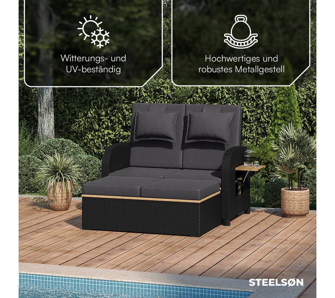 STEELSØN Gartenlounge-Set Caelum Gartensofa mit Liegefunktion, Rattan Sonnenliege, (schwarz/anthrazit, mit Kissen, wetterfest), herausziehbare Bank, ausklappbar – Bild 4 von 5