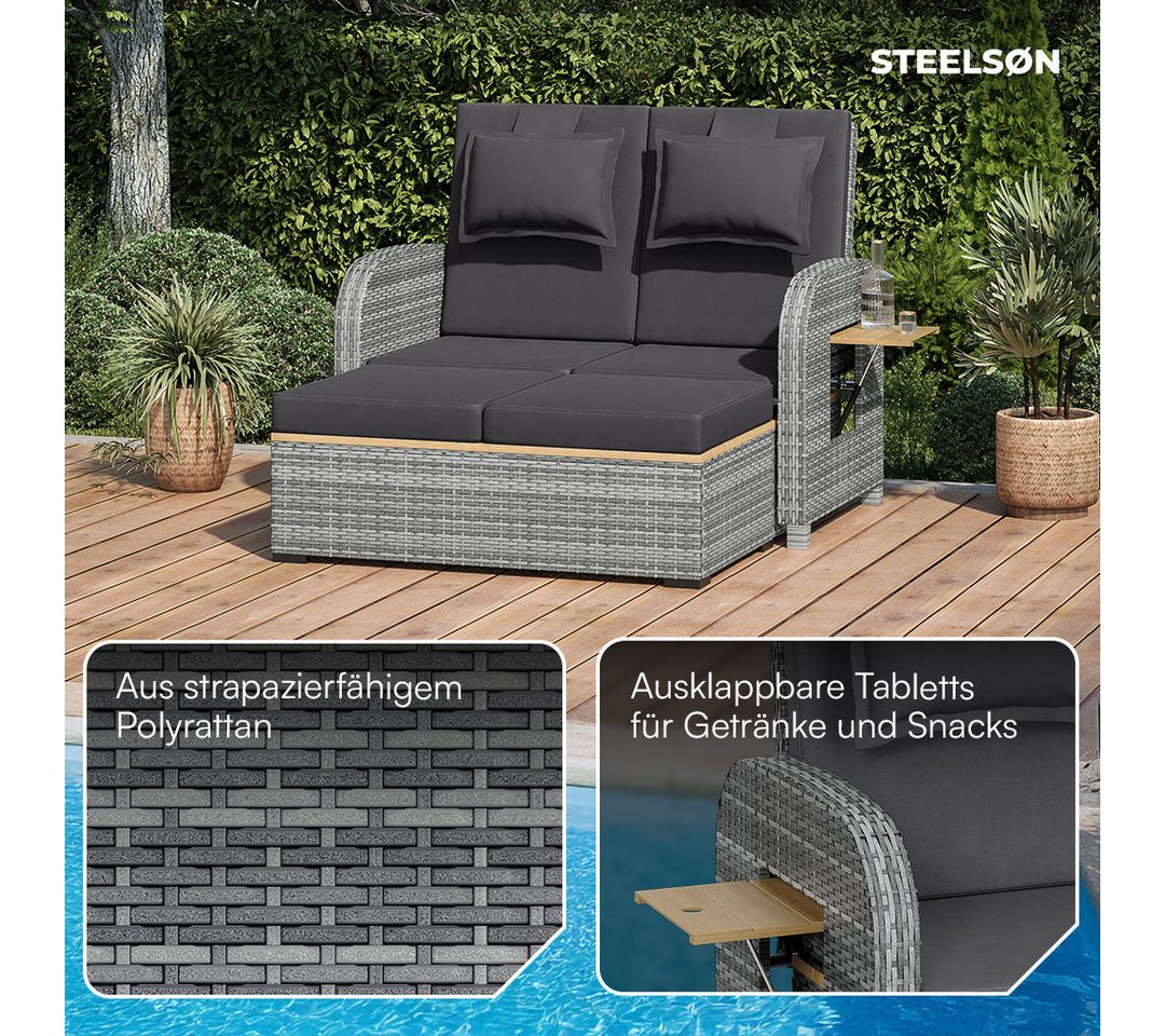 STEELSØN Gartenlounge-Set Caelum Gartensofa mit Liegefunktion, Rattan Sonnenliege, (grau/anthrazit, mit Kissen, wetterfest), herausziehbare Bank, ausklappbare S – Bild 3 von 5