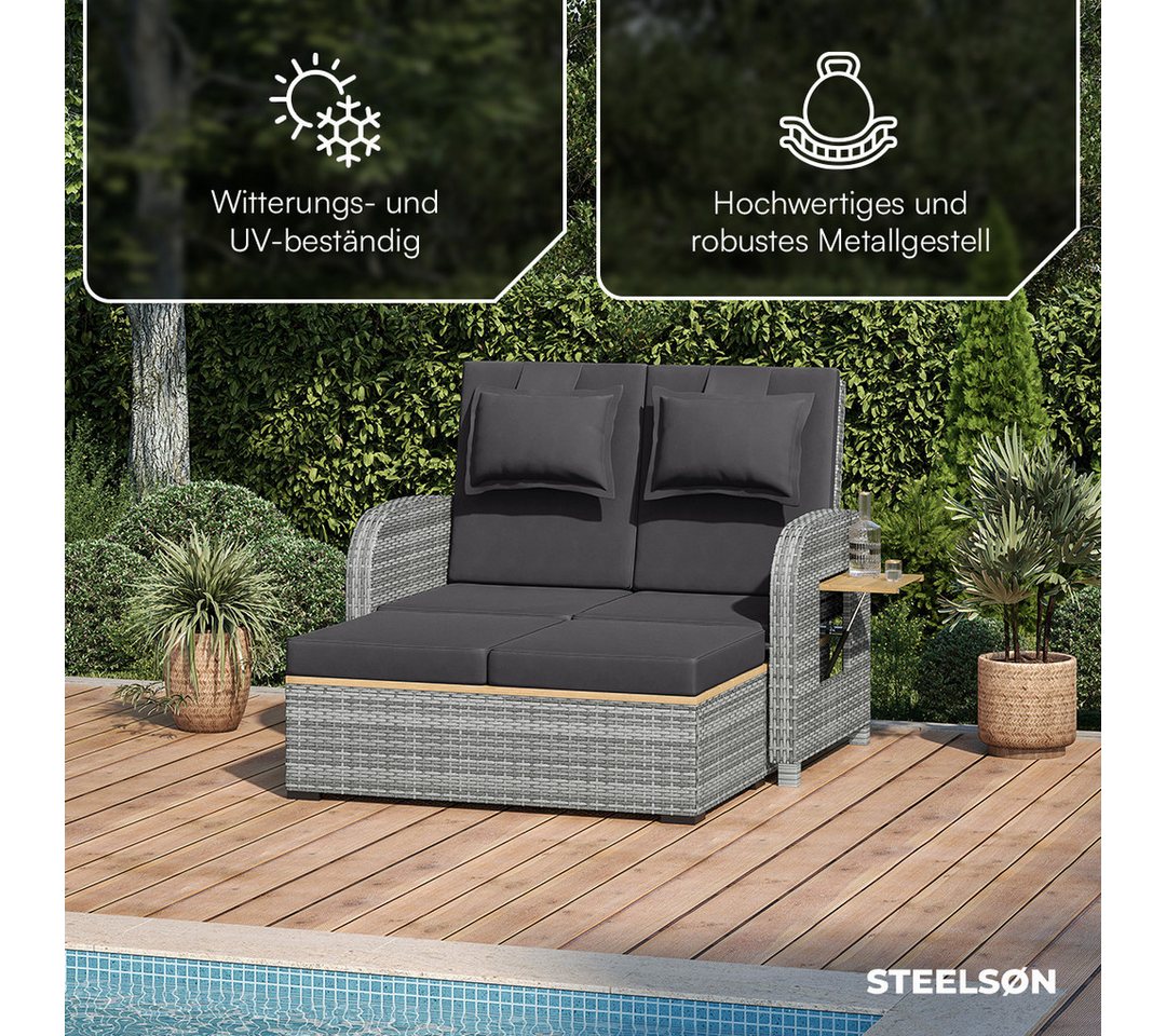 STEELSØN Gartenlounge-Set Caelum Gartensofa mit Liegefunktion, Rattan Sonnenliege, (grau/anthrazit, mit Kissen, wetterfest), herausziehbare Bank, ausklappbare S – Bild 4 von 5