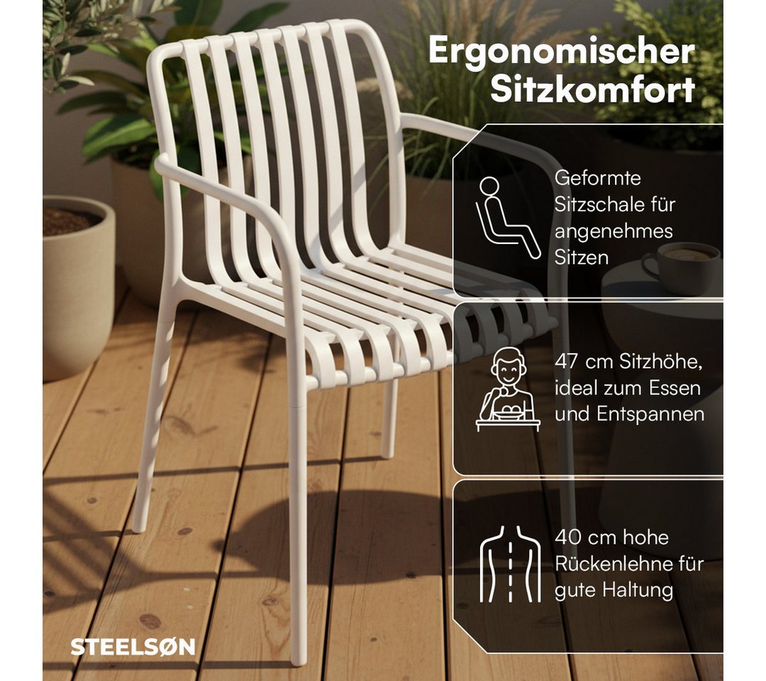 STEELSØN Gartenstuhl Pincoya, Balkonstuhl wetterfest und UV-beständig, bis 120 kg (weiß, 4er Set), stapelbarer Balkonstuhl Kunststoff, verfügbar als 2er/4er/6er – Bild 2 von 5