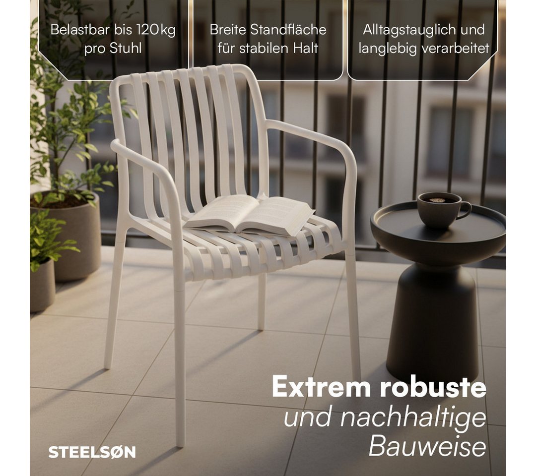 STEELSØN Gartenstuhl Pincoya, Balkonstuhl wetterfest und UV-beständig, bis 120 kg (weiß, 4er Set), stapelbarer Balkonstuhl Kunststoff, verfügbar als 2er/4er/6er – Bild 3 von 5