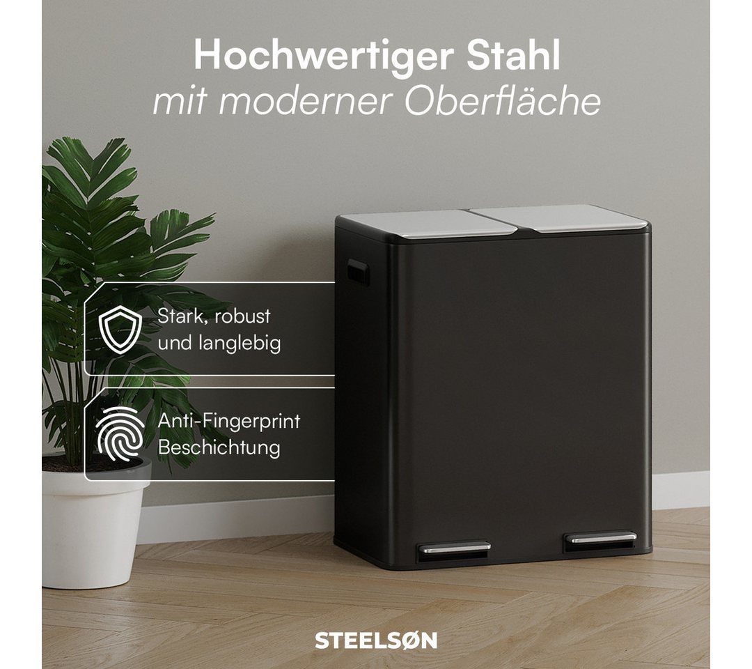 STEELSØN Mülleimer Elyron 2x30 Liter, Tretmülleimer mit Geruchsfilter, Abfalleimer aus Edelstahl, mit Soft-Close-Funktion & Inneneimer – Bild 3 von 5