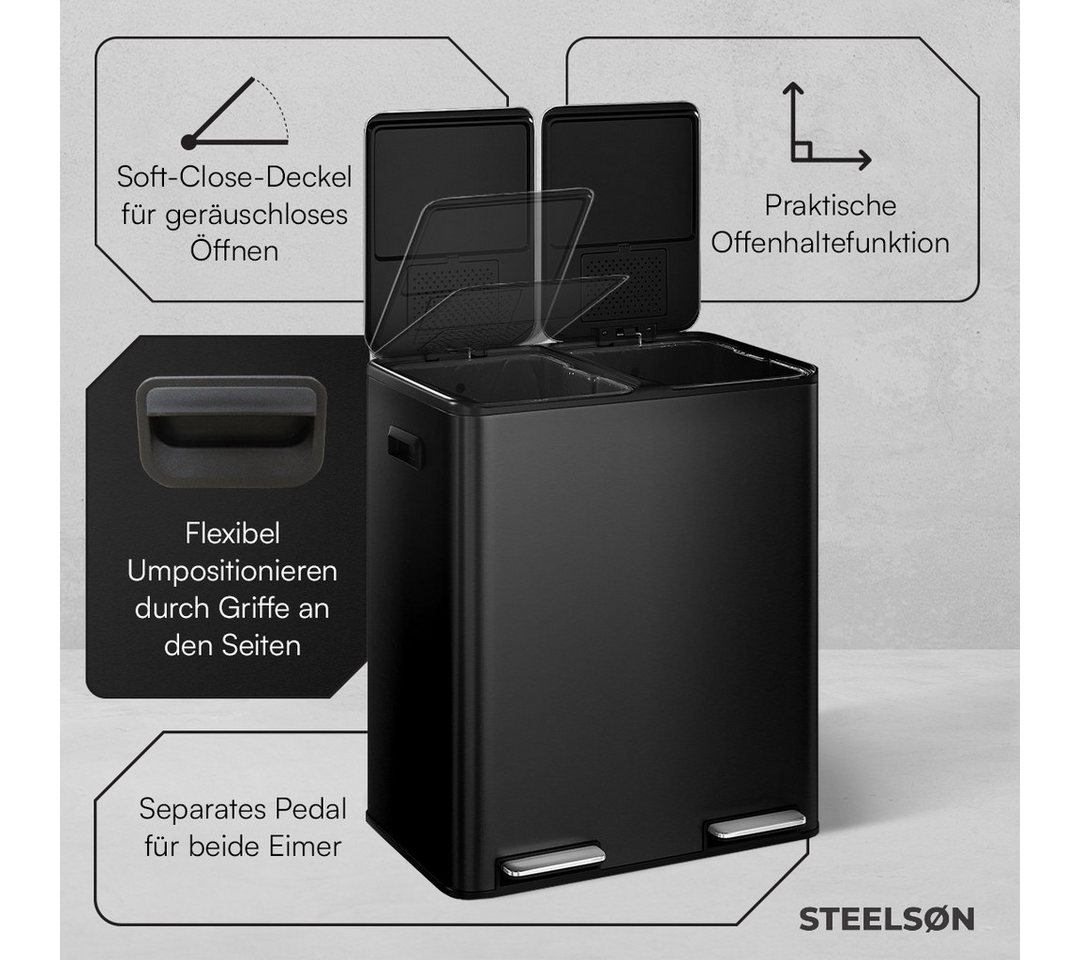 STEELSØN Mülleimer Elyron 2x30 Liter, Tretmülleimer mit Geruchsfilter, Abfalleimer aus Edelstahl, mit Soft-Close-Funktion & Inneneimer – Bild 4 von 5