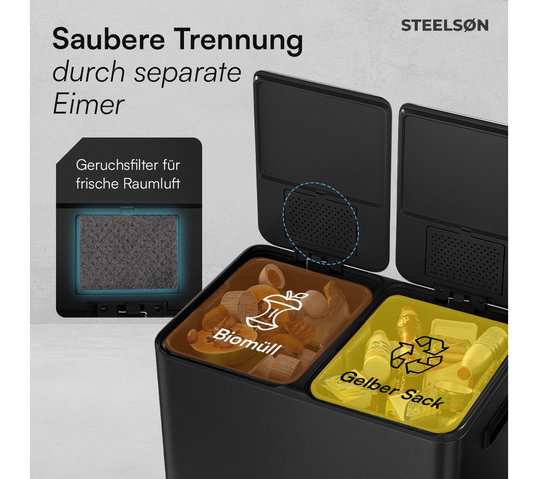 STEELSØN Mülleimer Elyron 2x30 Liter, Tretmülleimer mit Geruchsfilter, Abfalleimer aus Edelstahl, mit Soft-Close-Funktion & Inneneimer – Bild 5 von 5
