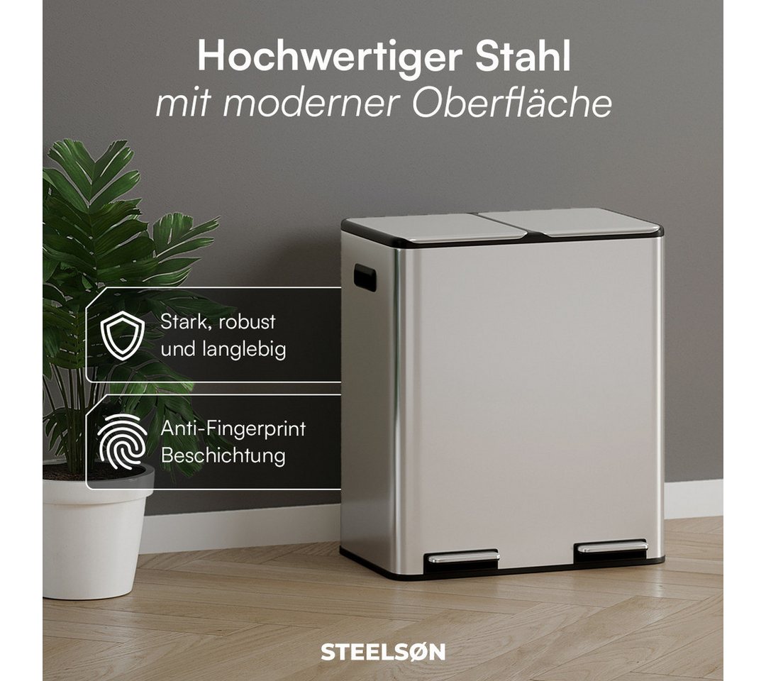 STEELSØN Mülleimer Elyron 2x30 Liter, Tretmülleimer mit Geruchsfilter, Abfalleimer aus Edelstahl, mit Soft-Close-Funktion & Inneneimer – Bild 3 von 5