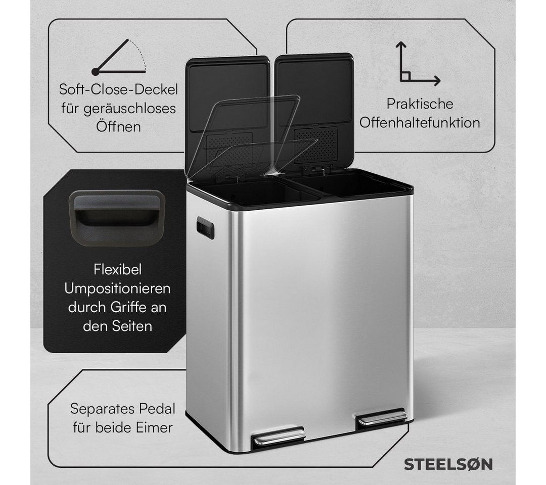 STEELSØN Mülleimer Elyron 2x30 Liter, Tretmülleimer mit Geruchsfilter, Abfalleimer aus Edelstahl, mit Soft-Close-Funktion & Inneneimer – Bild 4 von 5
