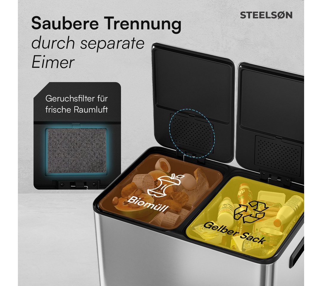 STEELSØN Mülleimer Elyron 2x30 Liter, Tretmülleimer mit Geruchsfilter, Abfalleimer aus Edelstahl, mit Soft-Close-Funktion & Inneneimer – Bild 5 von 5