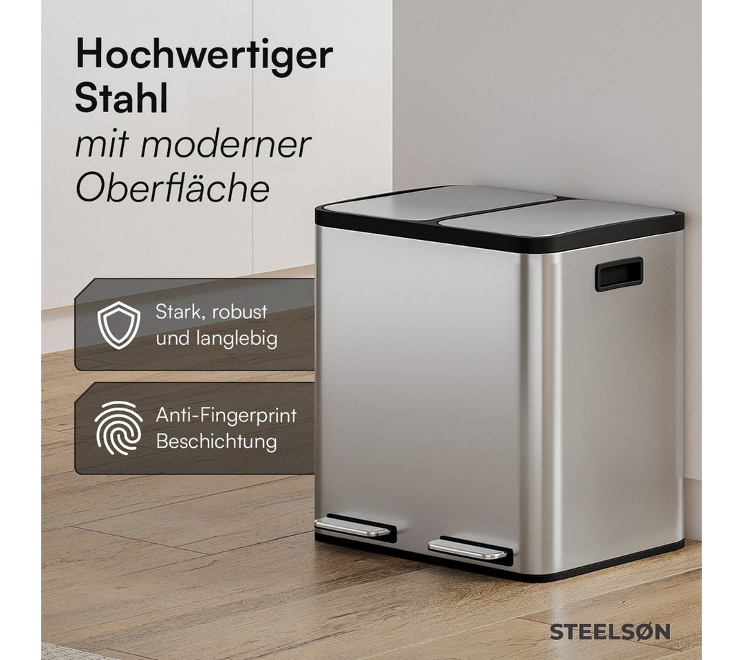 STEELSØN Mülleimer Epsilon mit Soft-Close-Funktion, Tretmülleimer mit Inneneimern, Abfalleimer aus Edelstahl, verfügbar in 2x15L oder 3x15L – Bild 3 von 5