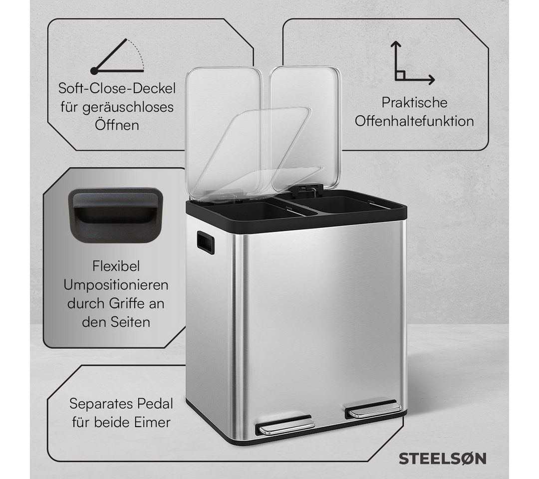 STEELSØN Mülleimer Epsilon mit Soft-Close-Funktion, Tretmülleimer mit Inneneimern, Abfalleimer aus Edelstahl, verfügbar in 2x15L oder 3x15L – Bild 4 von 5