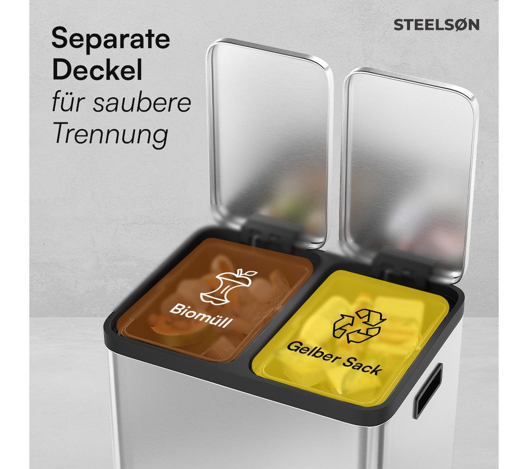 STEELSØN Mülleimer Epsilon mit Soft-Close-Funktion, Tretmülleimer mit Inneneimern, Abfalleimer aus Edelstahl, verfügbar in 2x15L oder 3x15L – Bild 5 von 5
