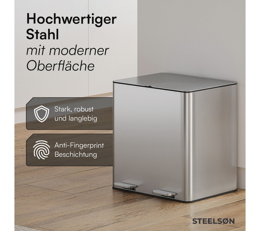 STEELSØN Mülleimer Gloas 2x15 Liter, Tretmülleimer mit Geruchsfilter, Abfalleimer aus Edelstahl, mit Soft-Close-Funktion & Inneneimer – Bild 3 von 5