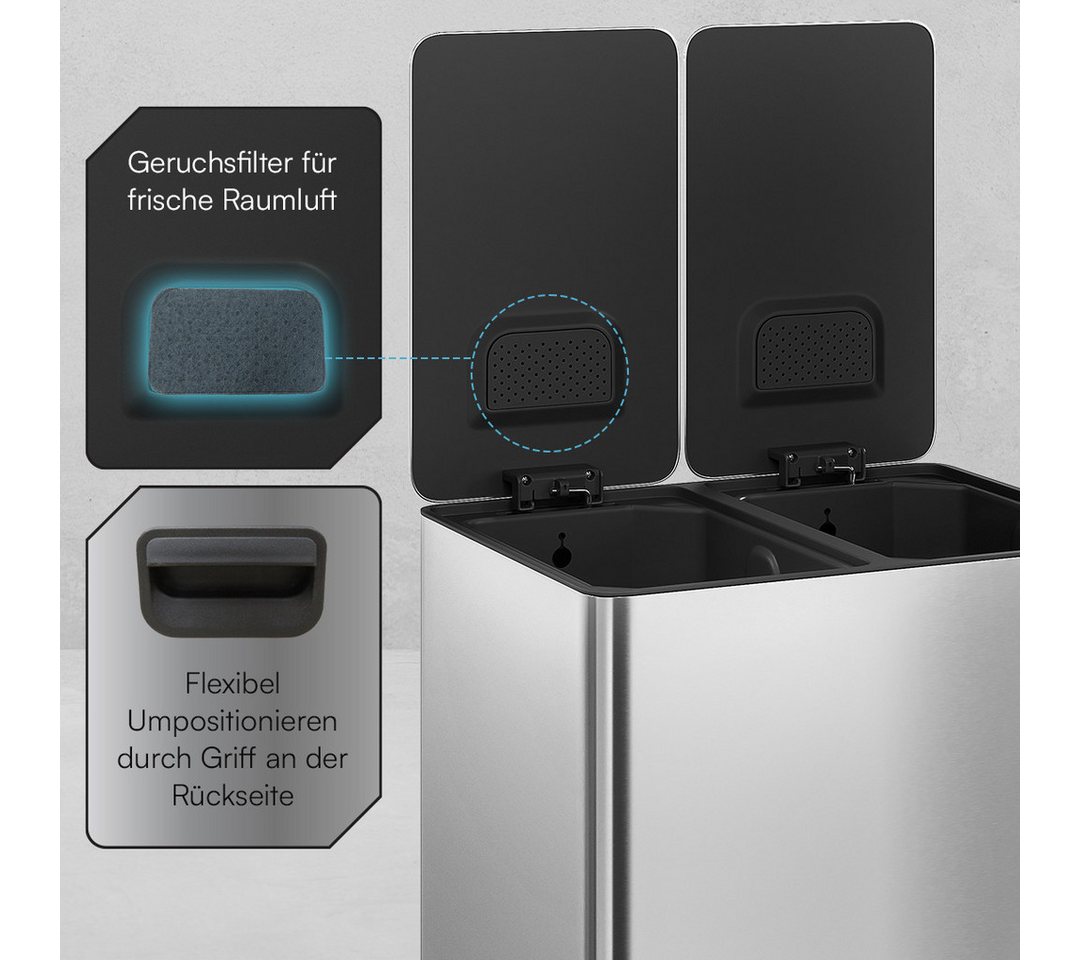 STEELSØN Mülleimer Gloas 2x15 Liter, Tretmülleimer mit Geruchsfilter, Abfalleimer aus Edelstahl, mit Soft-Close-Funktion & Inneneimer – Bild 5 von 5