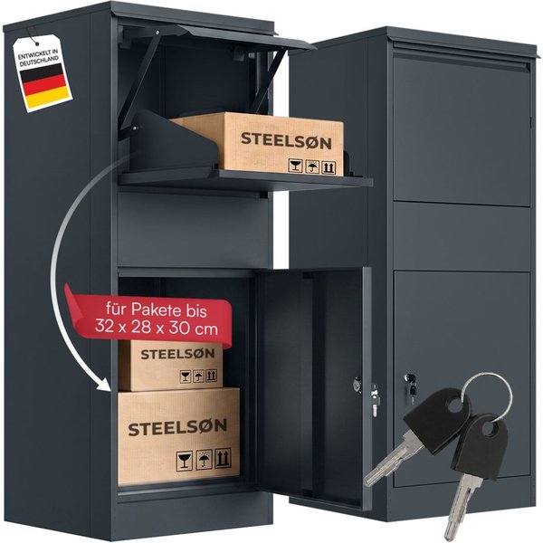 STEELSØN Paketbox Theron aus Stahl, Paketkasten abschließbar mit Schloss (Anthrazit, 103x41x38 cm), 1 Fach, sicheres Klappsystem, wasserdichte Aufbewahrung