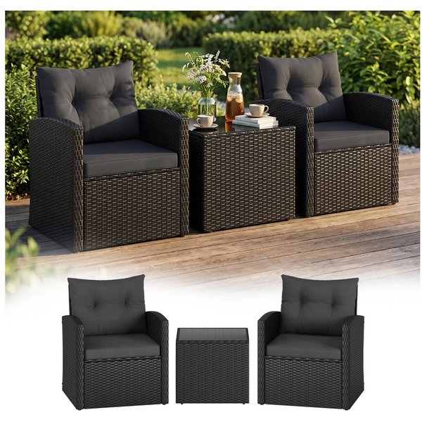 STEELSØN Sitzgruppe Selaria, Sitzgarnitur wetterfest, Terrassenmöbel inkl. Sitzkissen, (2-tlg., Schwarz), Gartenlounge mit 2 Stühlen & Tisch