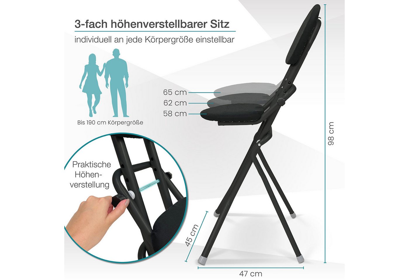 ELONEO Stehhilfe ELONEO Sitzhilfe/Bügelstehhilfe, mit Rückenkissen, belastbar bis 120kg, höhenverstellbar, rutschfest & platzsparend – Bild 4 von 5