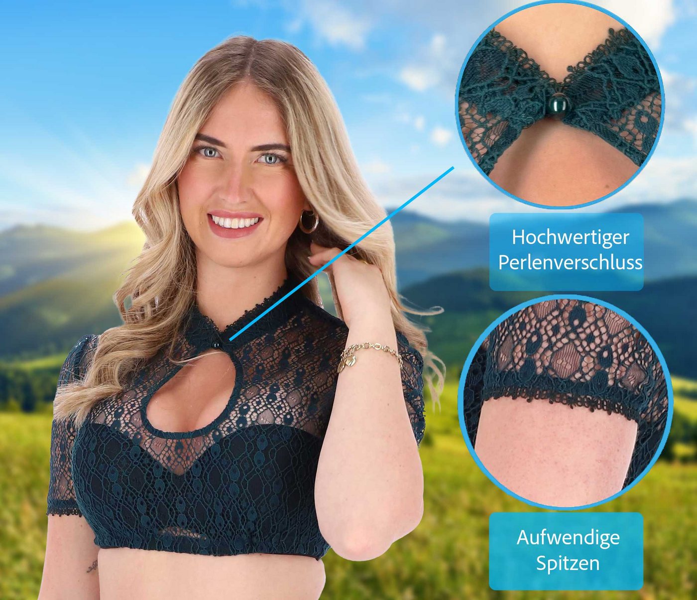 Steigenhöfer Manufaktur Dirndlbluse - MARIE - Dirndl Bluse Damen mit Perle und Tropfenausschnitt - Kurzarm Weicher Stoff mit angenehmen Tragegefühl - Ideal fürs – Bild 4 von 5