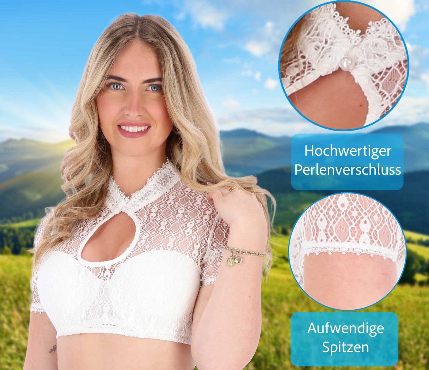 Steigenhöfer Manufaktur Dirndlbluse - MARIE - Dirndl Bluse Damen mit Perle und Tropfenausschnitt - Kurzarm Weicher Stoff mit angenehmen Tragegefühl - Ideal fürs – Bild 4 von 5