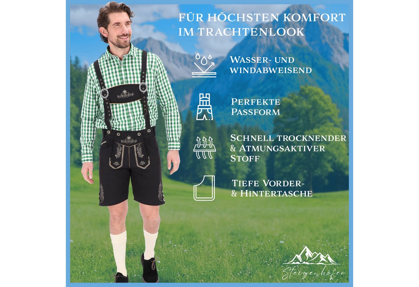 Steigenhöfer Manufaktur Trachtenhose Lukas Softshellhose im Lederhosen Look – Lederhose Herren Stil Tracht (Inklusive verstellbarer Träger) Atmungsaktiv - Schne – Bild 2 von 5