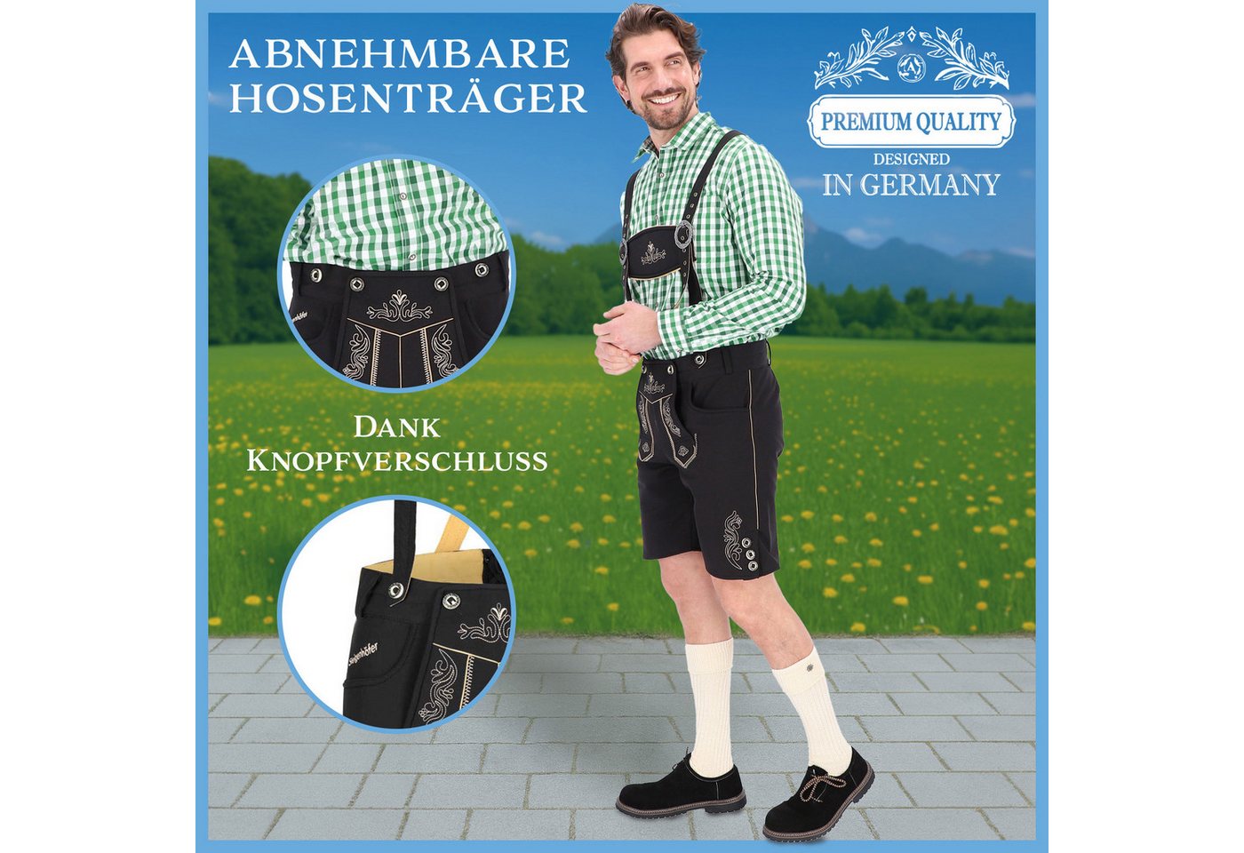 Steigenhöfer Manufaktur Trachtenhose Lukas Softshellhose im Lederhosen Look – Lederhose Herren Stil Tracht (Inklusive verstellbarer Träger) Atmungsaktiv - Schne – Bild 5 von 5