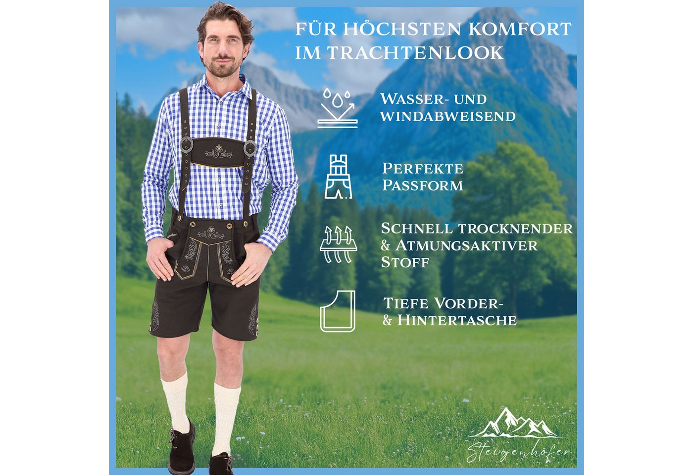 Steigenhöfer Manufaktur Trachtenhose Lukas Softshellhose im Lederhosen Look – Lederhose Herren Stil Tracht (Inklusive verstellbarer Träger) Atmungsaktiv - Schne – Bild 2 von 5