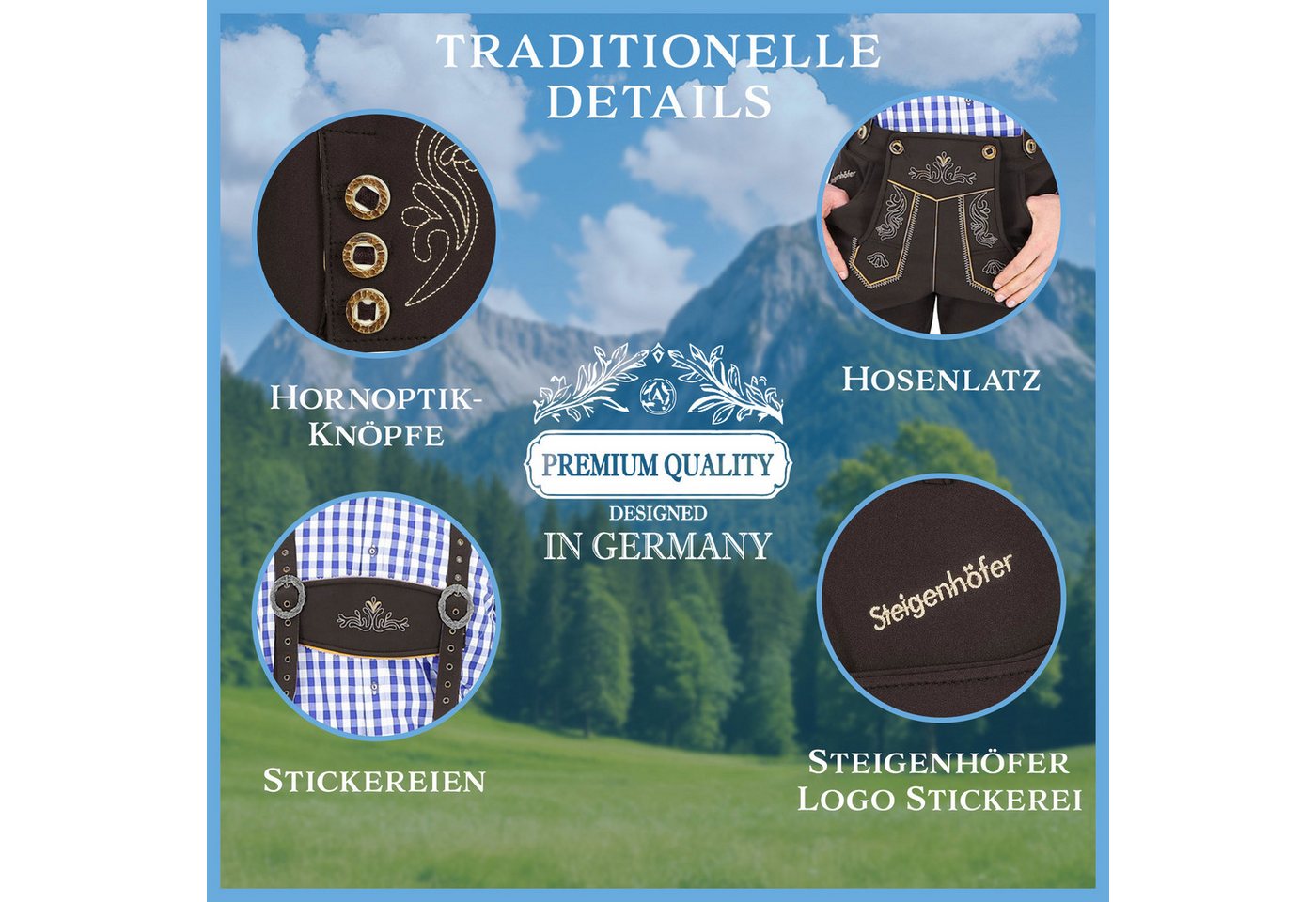 Steigenhöfer Manufaktur Trachtenhose Lukas Softshellhose im Lederhosen Look – Lederhose Herren Stil Tracht (Inklusive verstellbarer Träger) Atmungsaktiv - Schne – Bild 4 von 5