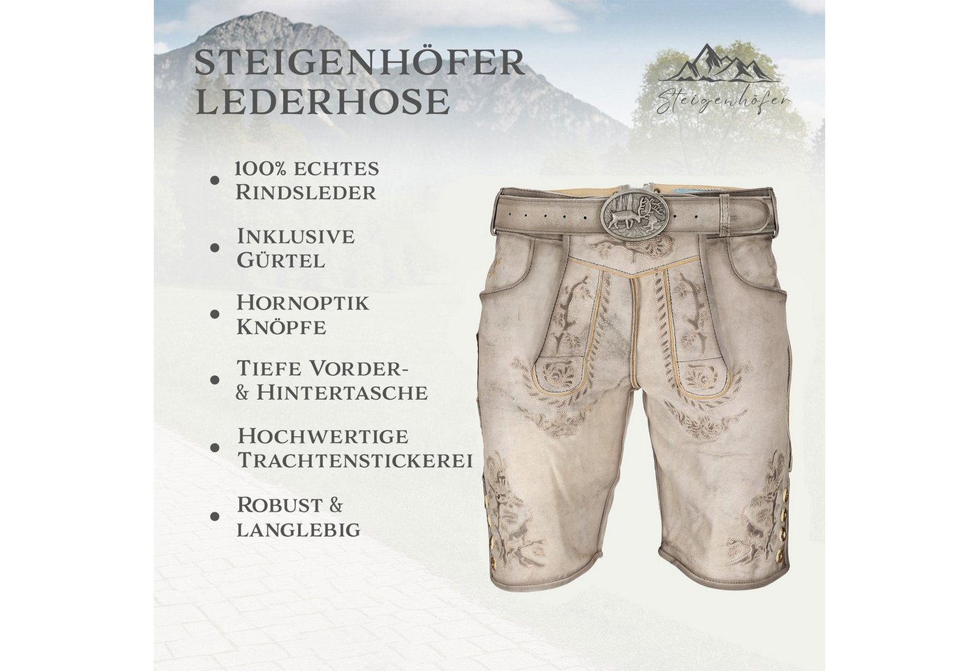Steigenhöfer Manufaktur Trachtenlederhose mit Gürtel - 100% Rindsleder - Lederhose Herren Kurz - Franz Handgemacht aus echtem Leder - Für Dein Oktoberfest Herre – Bild 2 von 5