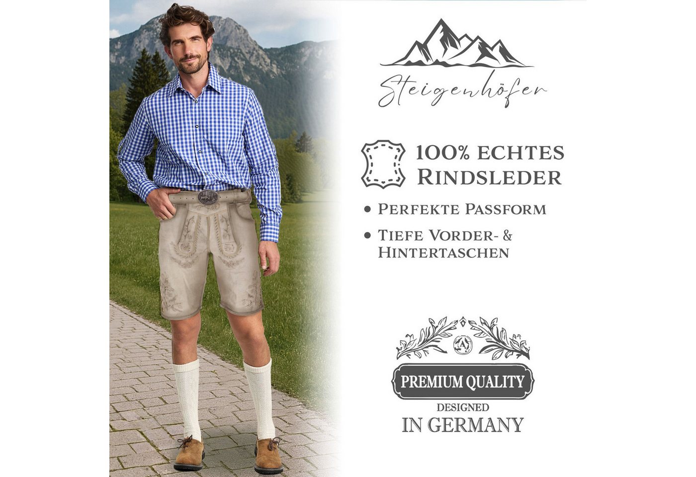 Steigenhöfer Manufaktur Trachtenlederhose mit Gürtel - 100% Rindsleder - Lederhose Herren Kurz - Franz Handgemacht aus echtem Leder - Für Dein Oktoberfest Herre – Bild 3 von 5