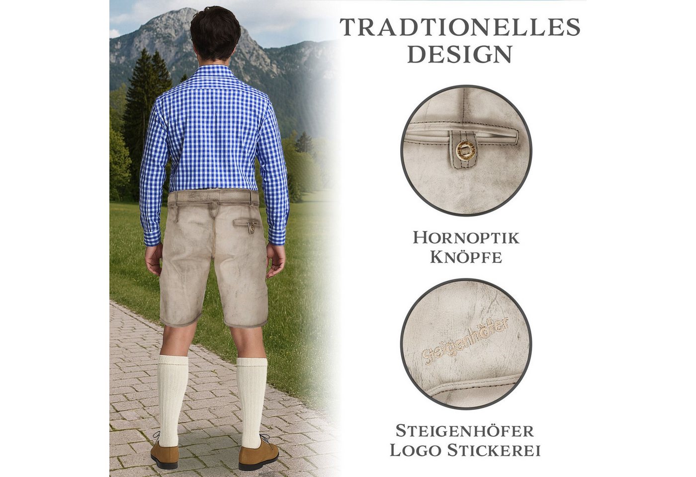 Steigenhöfer Manufaktur Trachtenlederhose mit Gürtel - 100% Rindsleder - Lederhose Herren Kurz - Franz Handgemacht aus echtem Leder - Für Dein Oktoberfest Herre – Bild 4 von 5