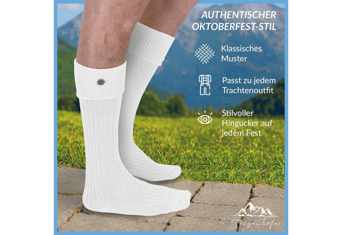 Steigenhöfer Manufaktur Trachtensocken mit Edelweißanstecker und Zopfmuster - Socken für Herren und Damen Bayerische Trachtenstrümpfe aus Baumwolle für dein Okt – Bild 2 von 5