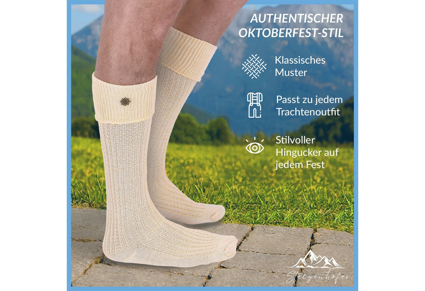 Steigenhöfer Manufaktur Trachtensocken mit Edelweißanstecker und Zopfmuster - Socken für Herren und Damen Bayerische Trachtenstrümpfe aus Baumwolle für dein Okt – Bild 2 von 5